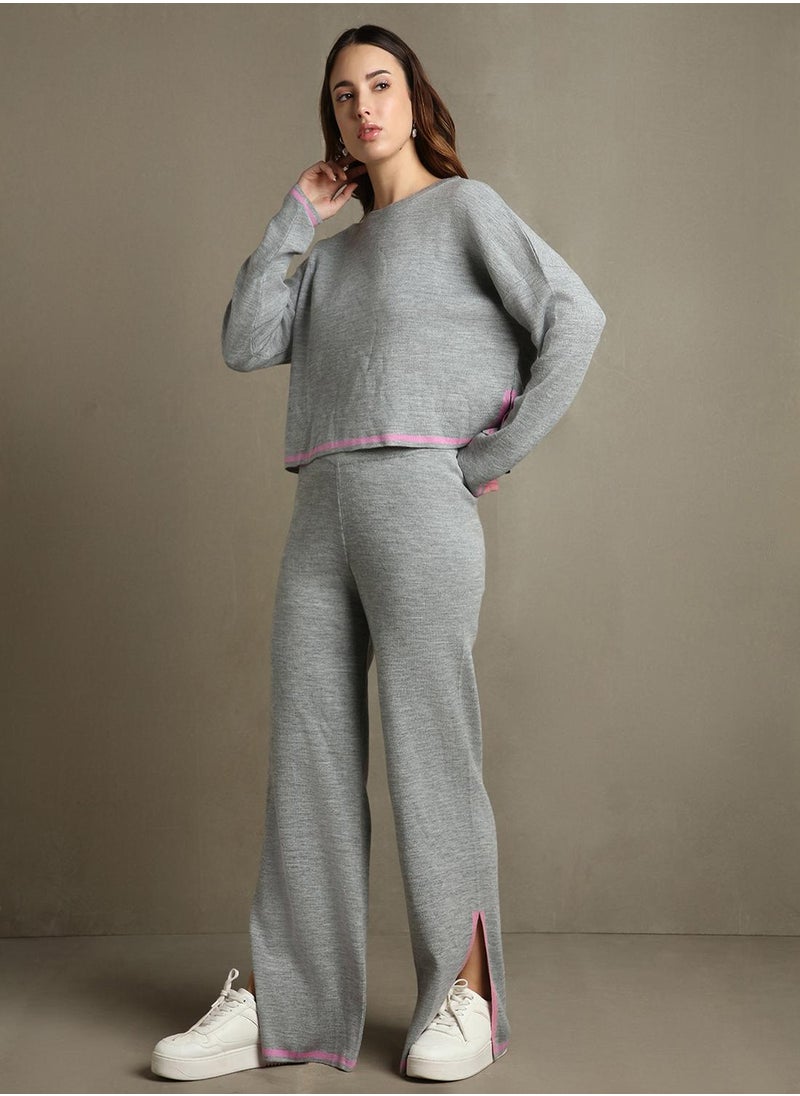 Women's Grey Melange 100% Acrylic Solid Regular Fit Sweater