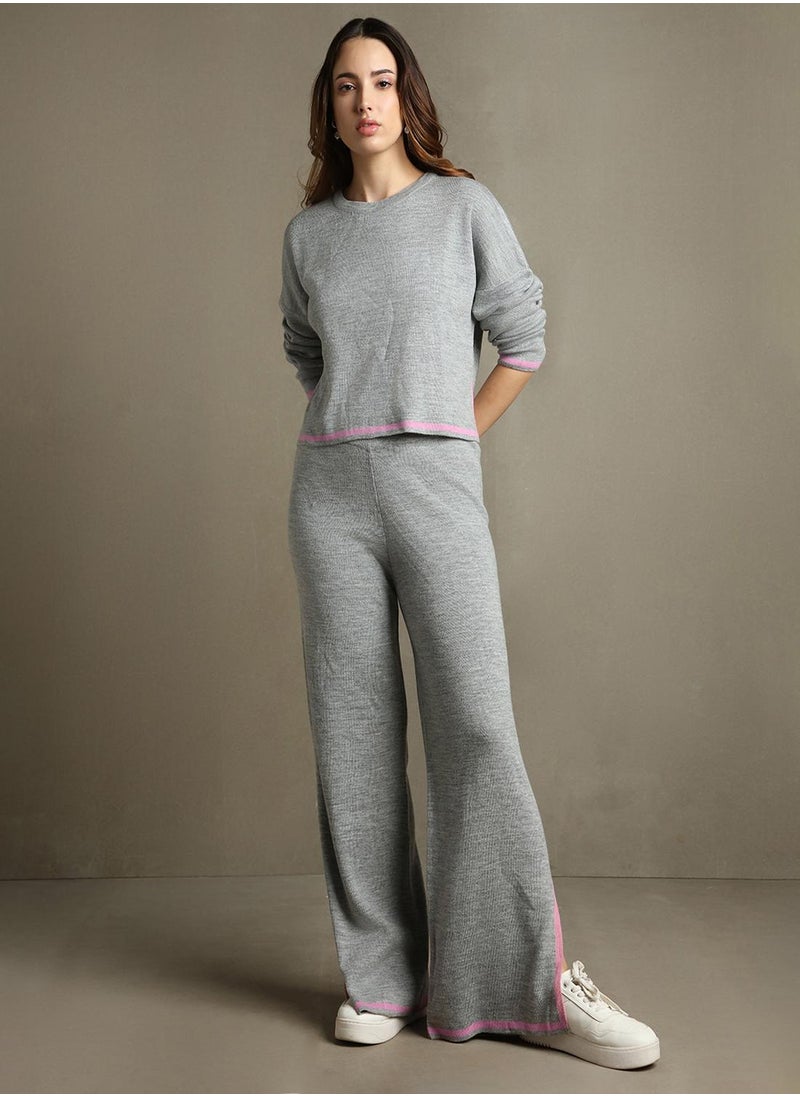 Women's Grey Melange 100% Acrylic Solid Regular Fit Sweater