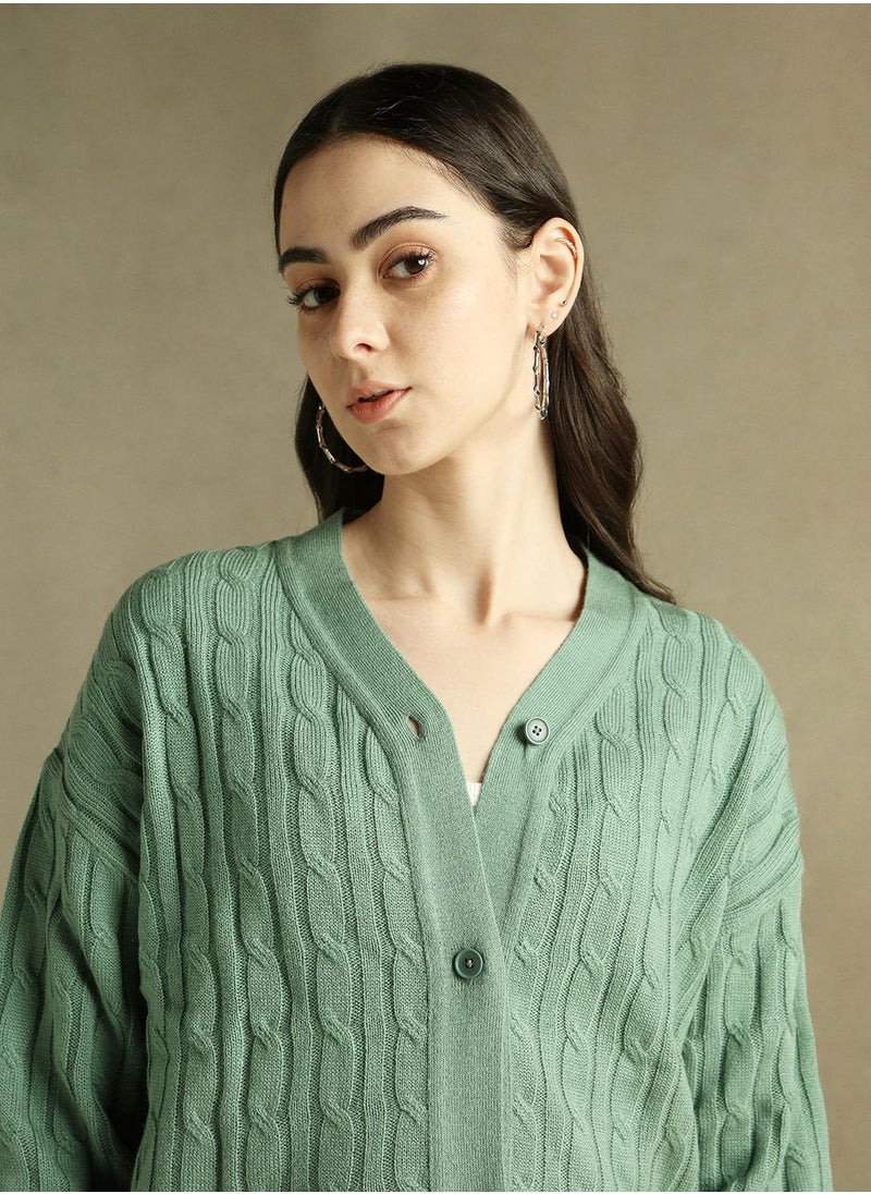 Women's Sage Green 100% Acrylic Solid Regular Fit Sweater