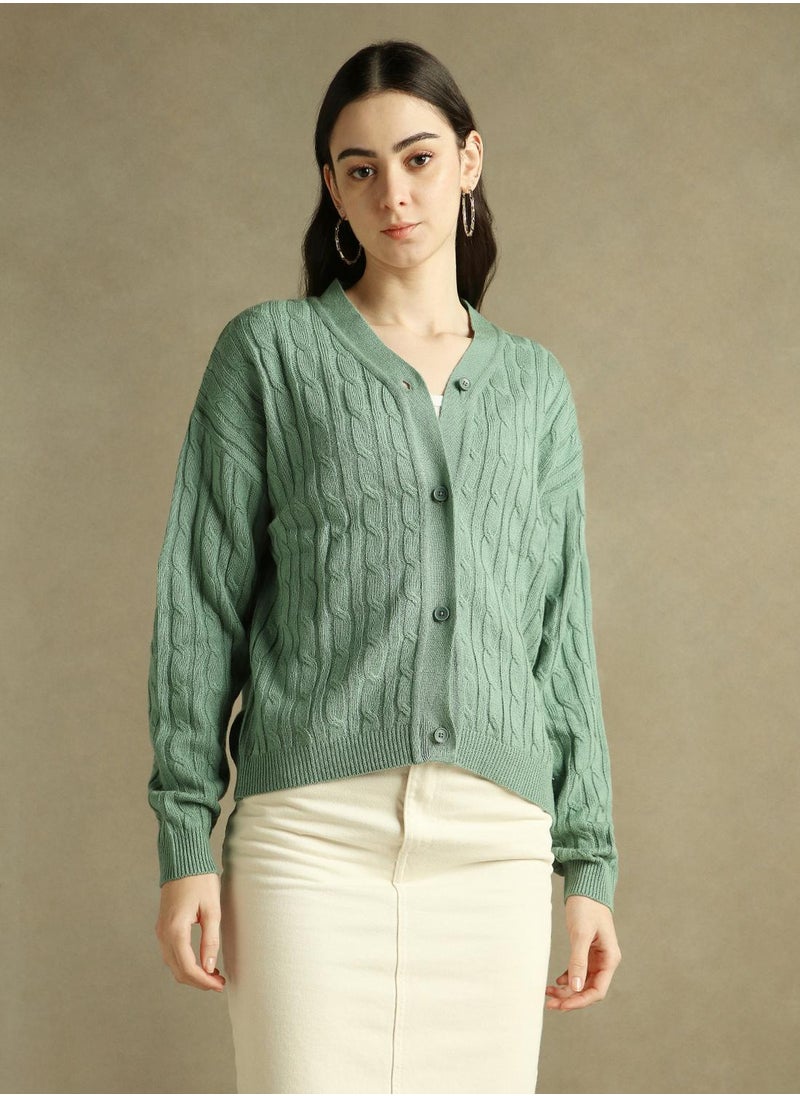 Women's Sage Green 100% Acrylic Solid Regular Fit Sweater