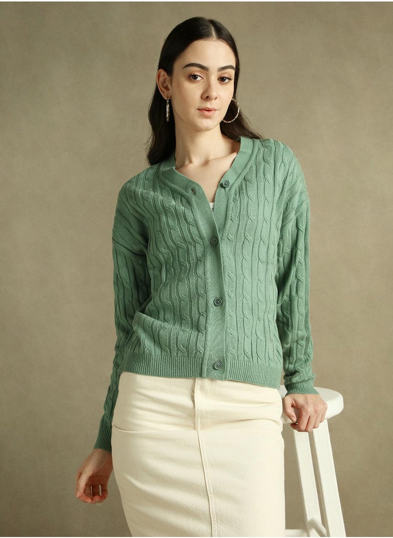 Women's Sage Green 100% Acrylic Solid Regular Fit Sweater