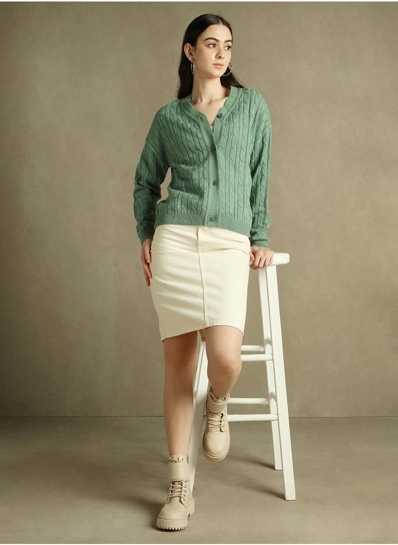 Women's Sage Green 100% Acrylic Solid Regular Fit Sweater