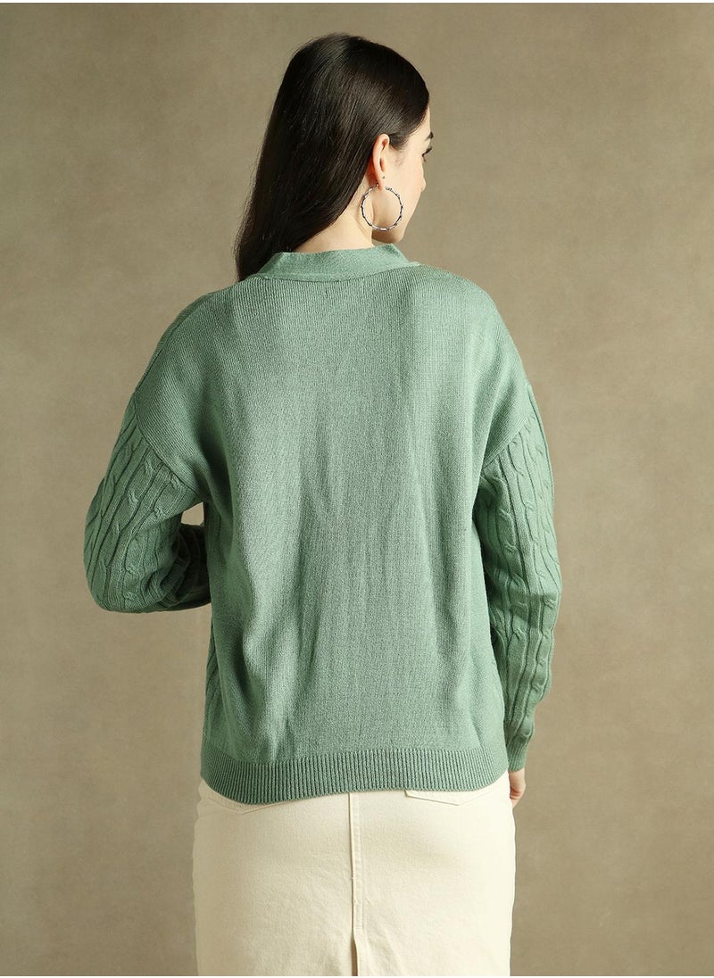 Women's Sage Green 100% Acrylic Solid Regular Fit Sweater