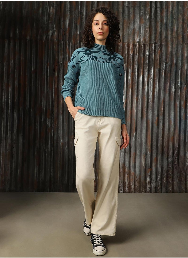 Women's Arctic With Dark Teal 100% Acrylic Solid Oversized Sweater