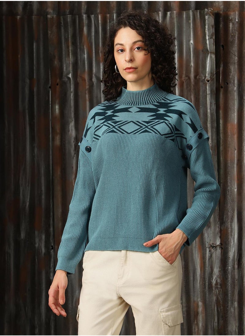 Women's Arctic With Dark Teal 100% Acrylic Solid Oversized Sweater