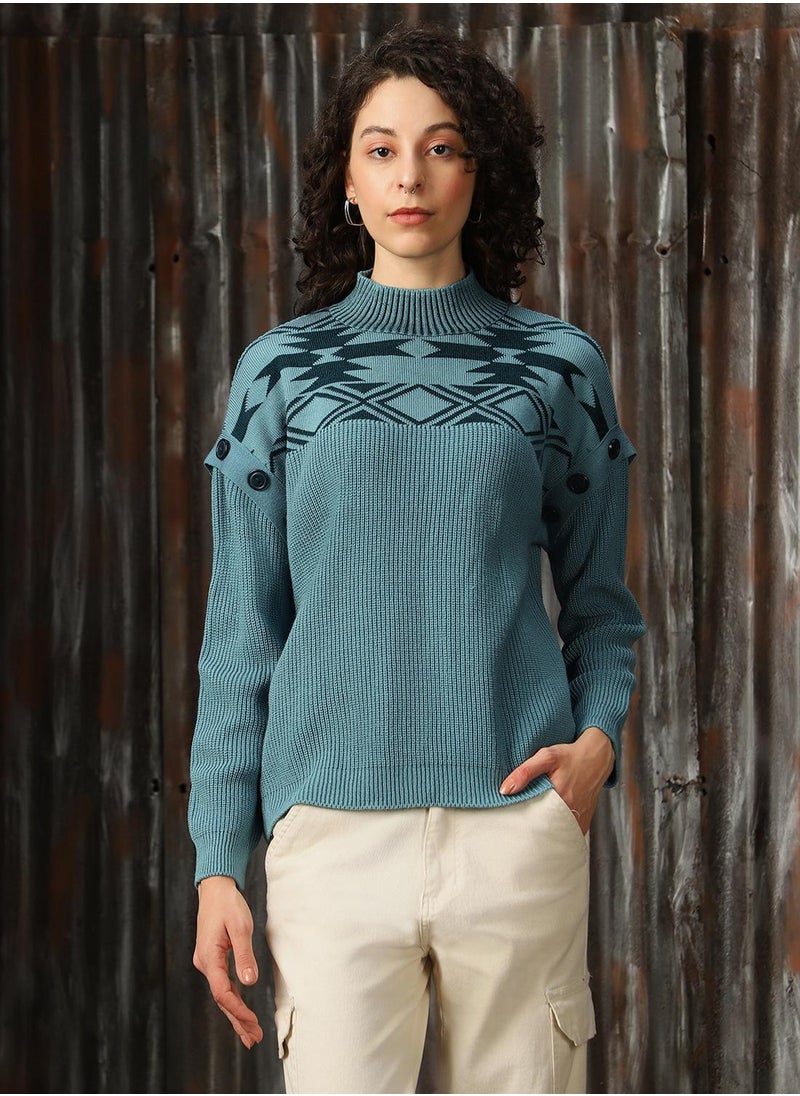 Women's Arctic With Dark Teal 100% Acrylic Solid Oversized Sweater