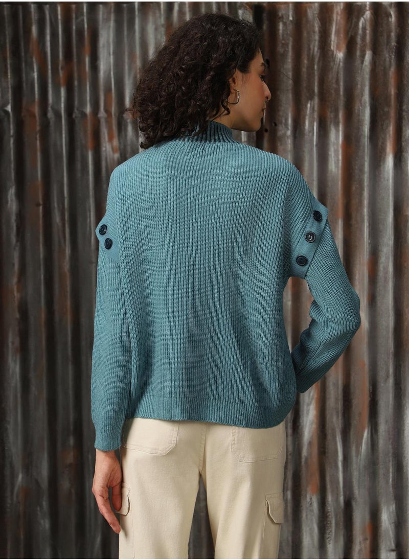 Women's Arctic With Dark Teal 100% Acrylic Solid Oversized Sweater