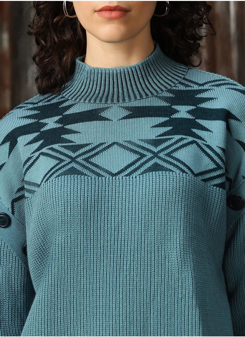 Women's Arctic With Dark Teal 100% Acrylic Solid Oversized Sweater