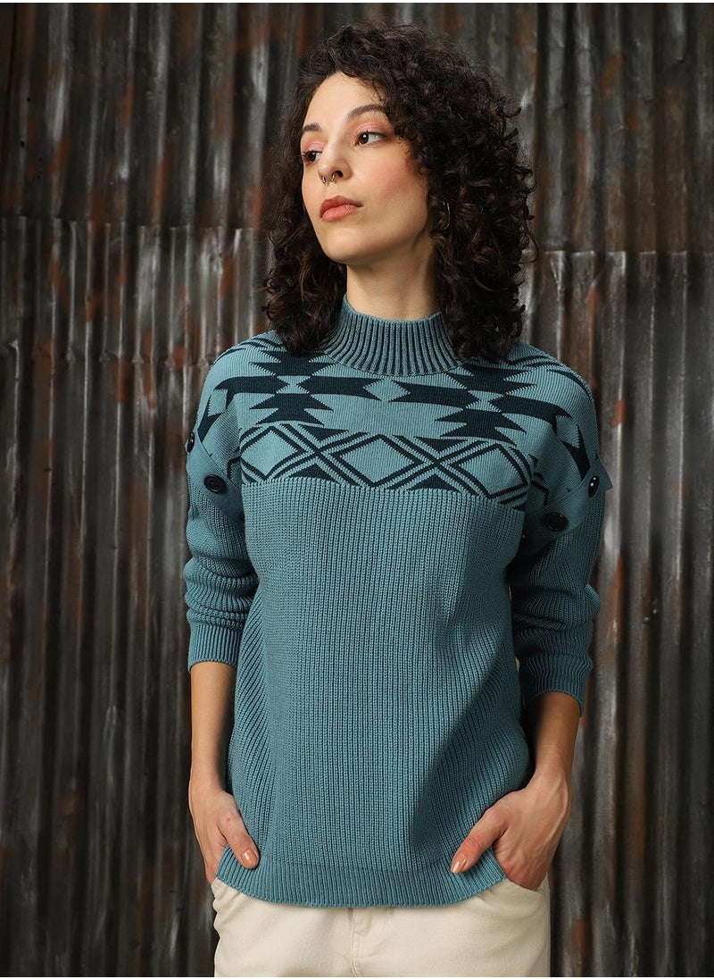 Women's Arctic With Dark Teal 100% Acrylic Solid Oversized Sweater