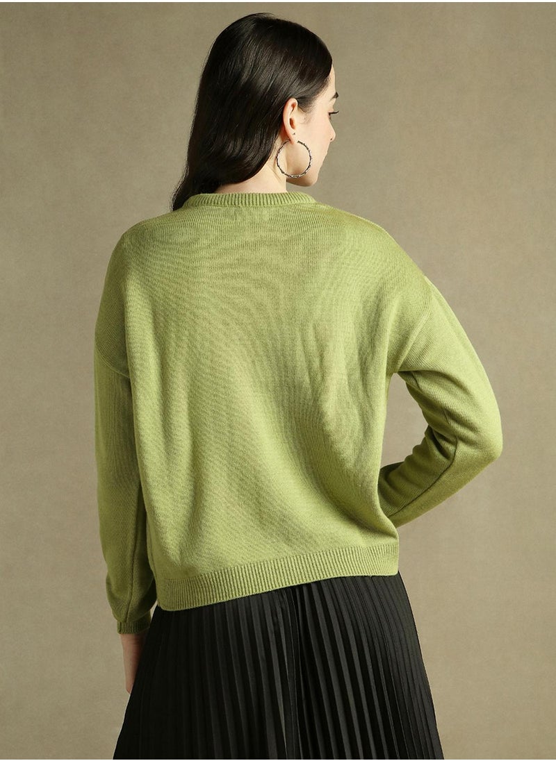 Women's Apple Green 100% Acrylic Solid Regular Fit Sweater