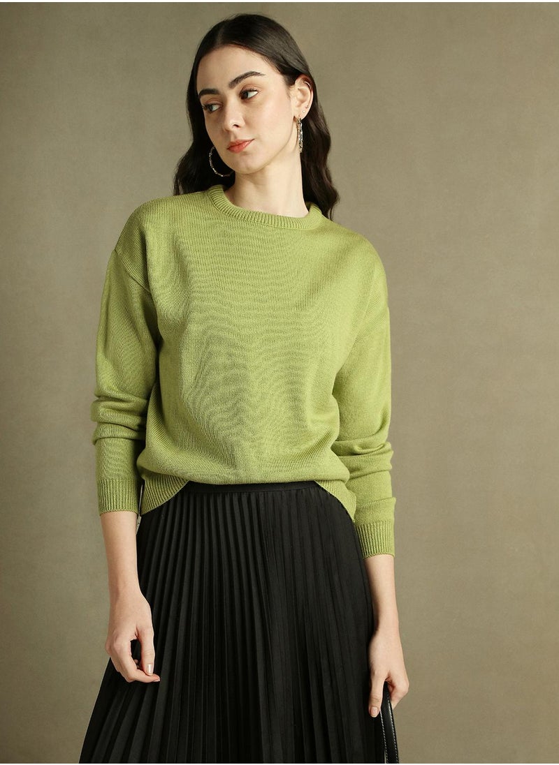 Women's Apple Green 100% Acrylic Solid Regular Fit Sweater