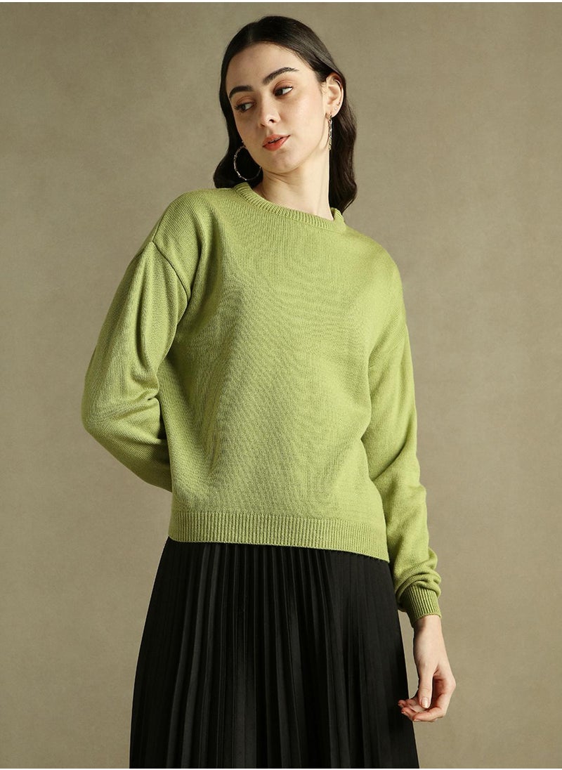 Women's Apple Green 100% Acrylic Solid Regular Fit Sweater