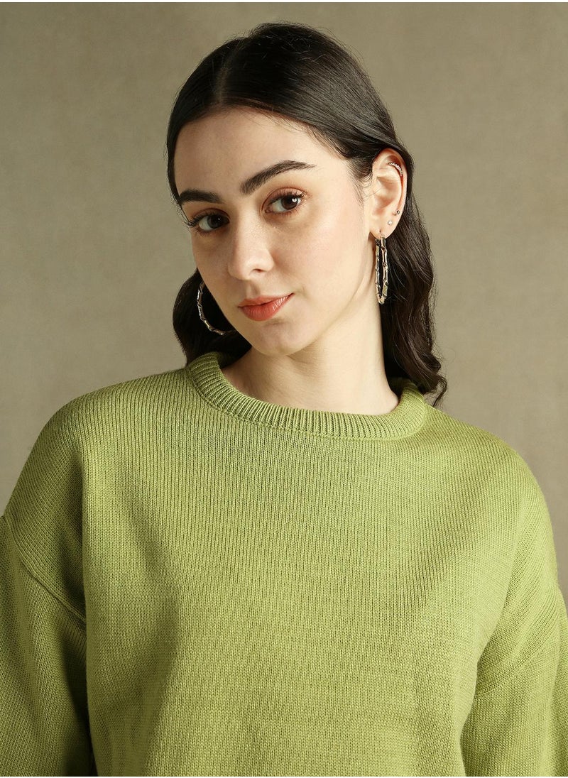 Women's Apple Green 100% Acrylic Solid Regular Fit Sweater