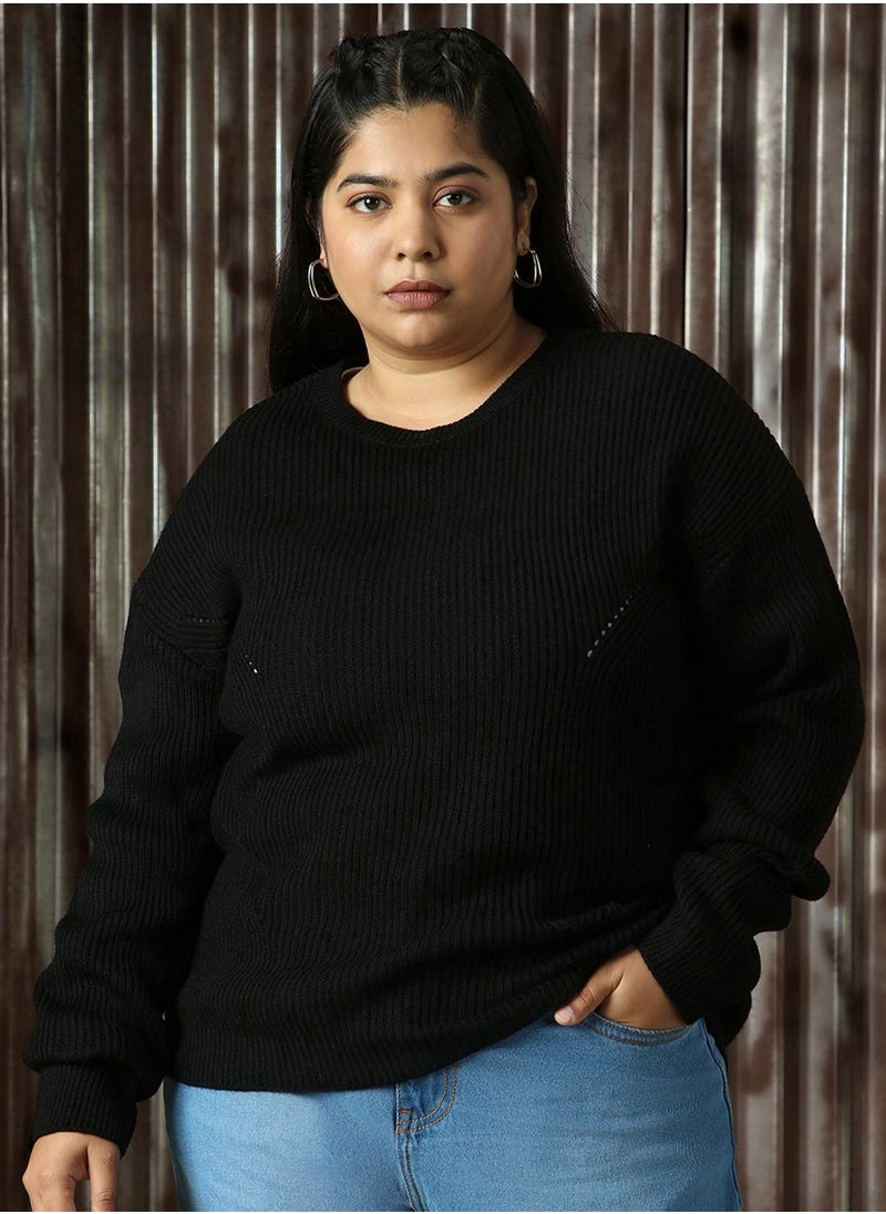 Women's Black 100% Acrylic Solid Regular Fit Sweater
