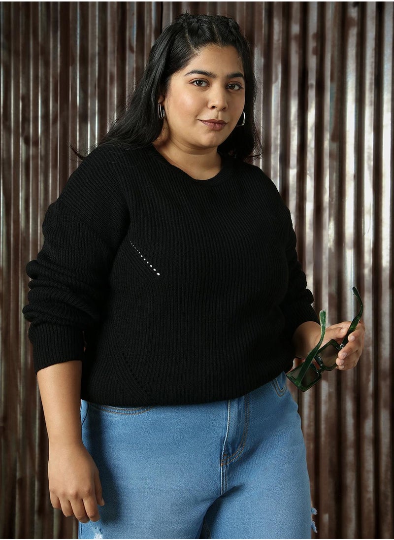 Women's Black 100% Acrylic Solid Regular Fit Sweater