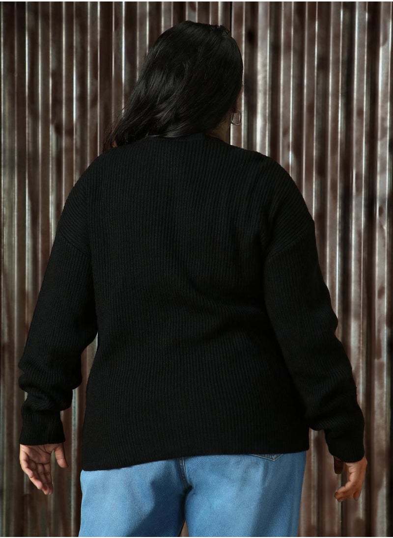 Women's Black 100% Acrylic Solid Regular Fit Sweater
