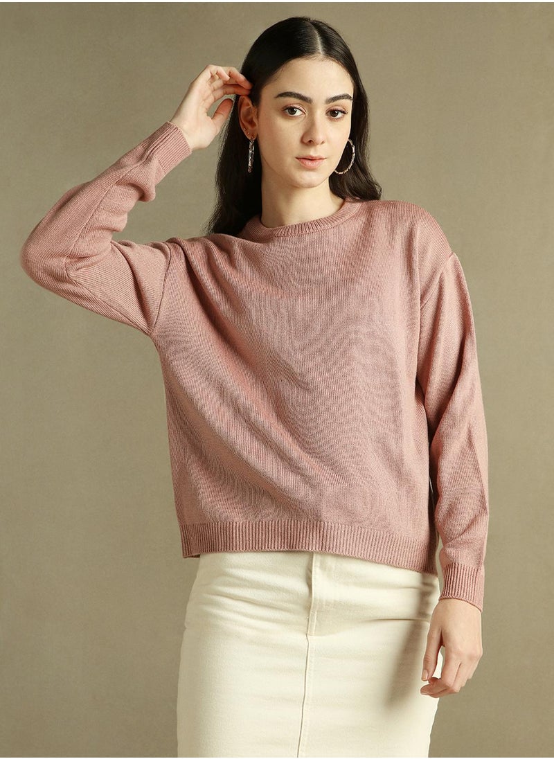 Women's Pink 100% Acrylic Solid Regular Fit Sweater