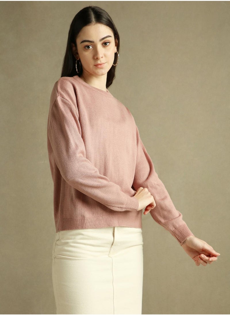 Women's Pink 100% Acrylic Solid Regular Fit Sweater