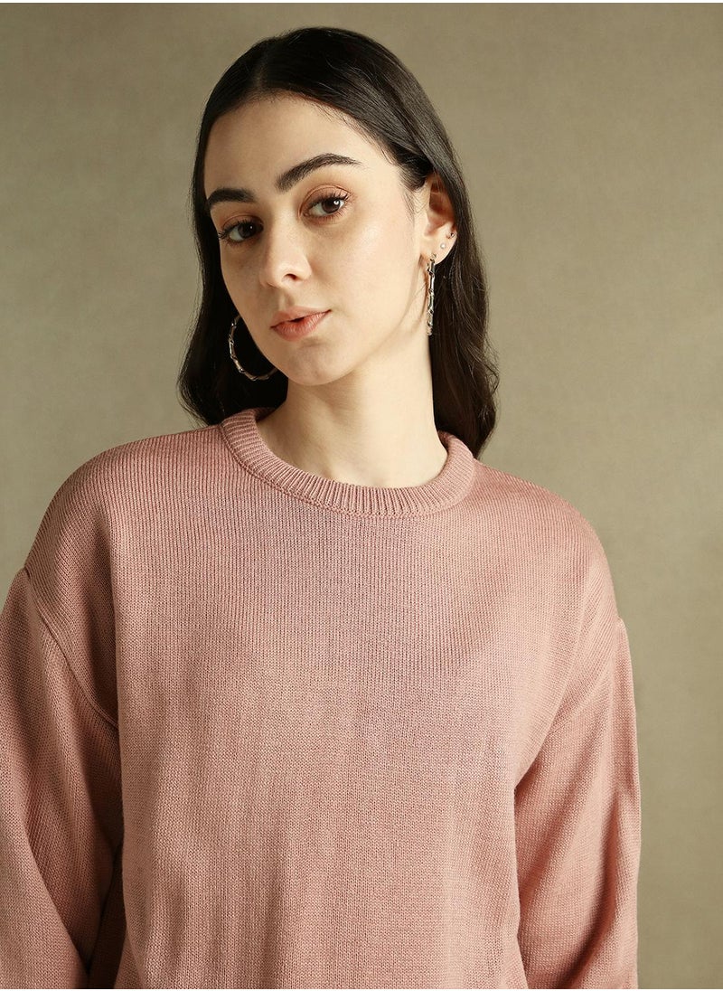 Women's Pink 100% Acrylic Solid Regular Fit Sweater