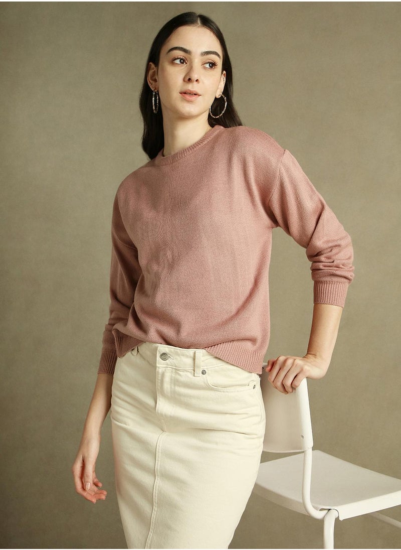 Women's Pink 100% Acrylic Solid Regular Fit Sweater