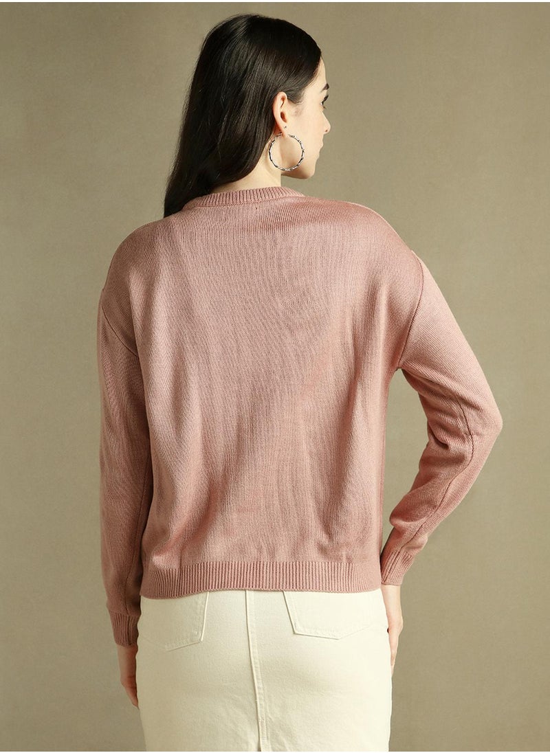 Women's Pink 100% Acrylic Solid Regular Fit Sweater