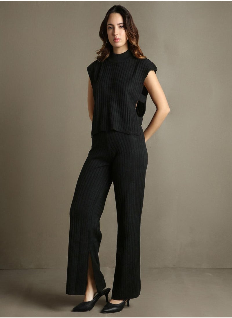 Women's Black 100% Acrylic Embellished Regular Fit Sweater