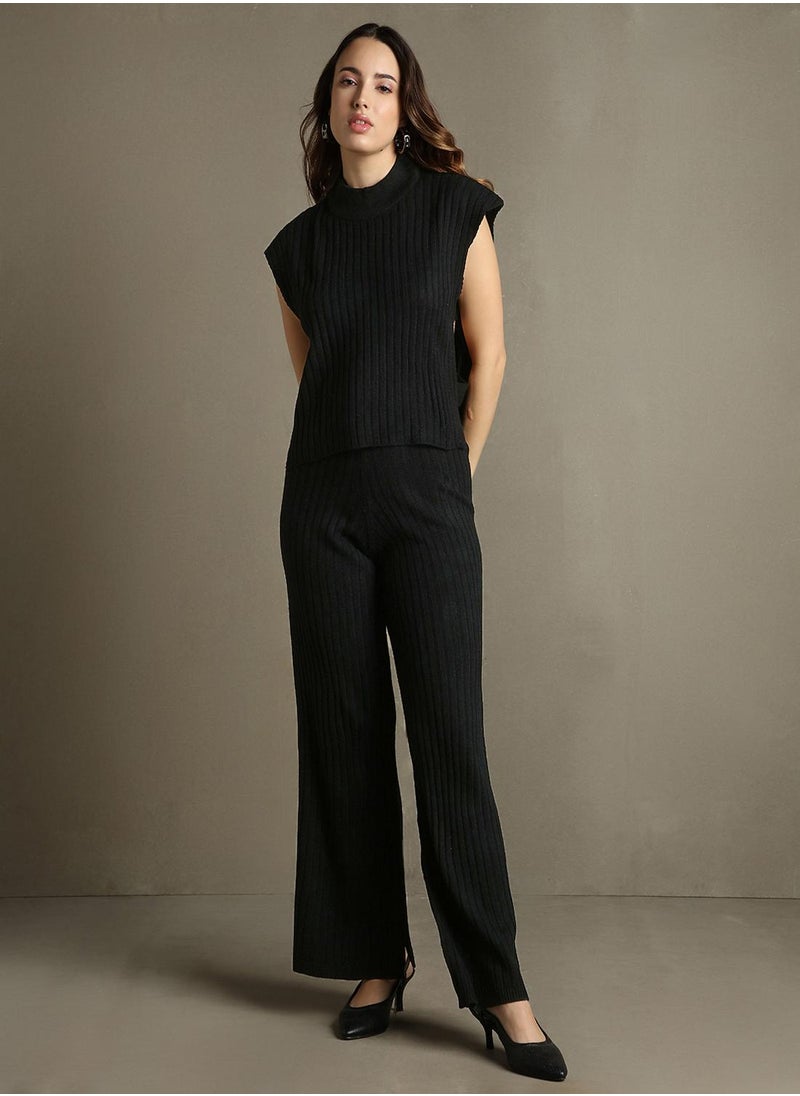 Women's Black 100% Acrylic Embellished Regular Fit Sweater