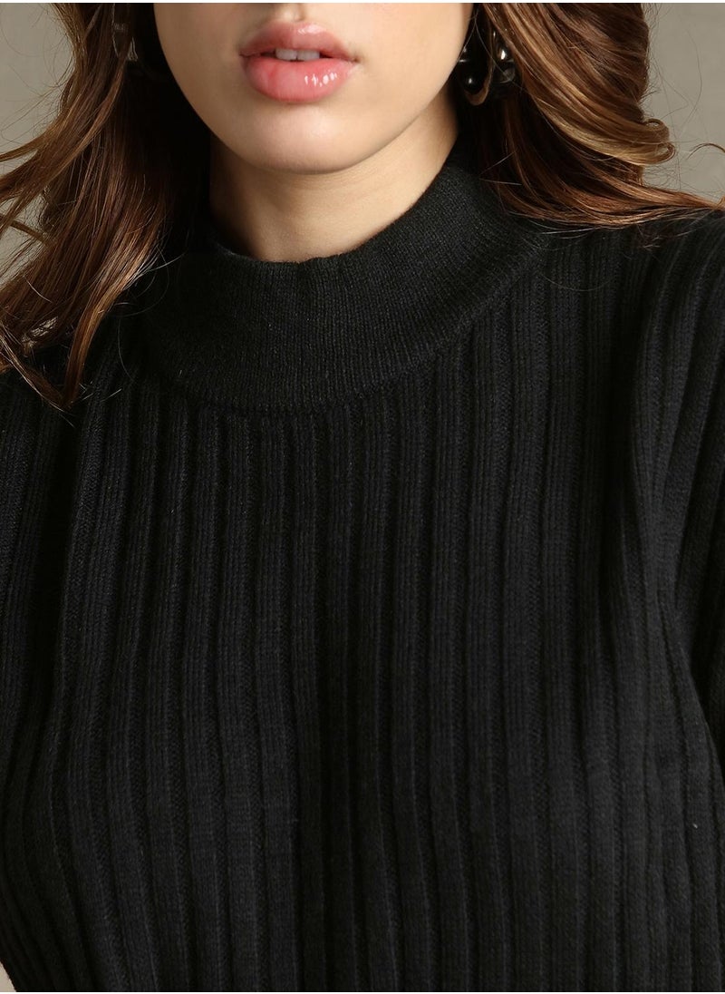 Women's Black 100% Acrylic Embellished Regular Fit Sweater