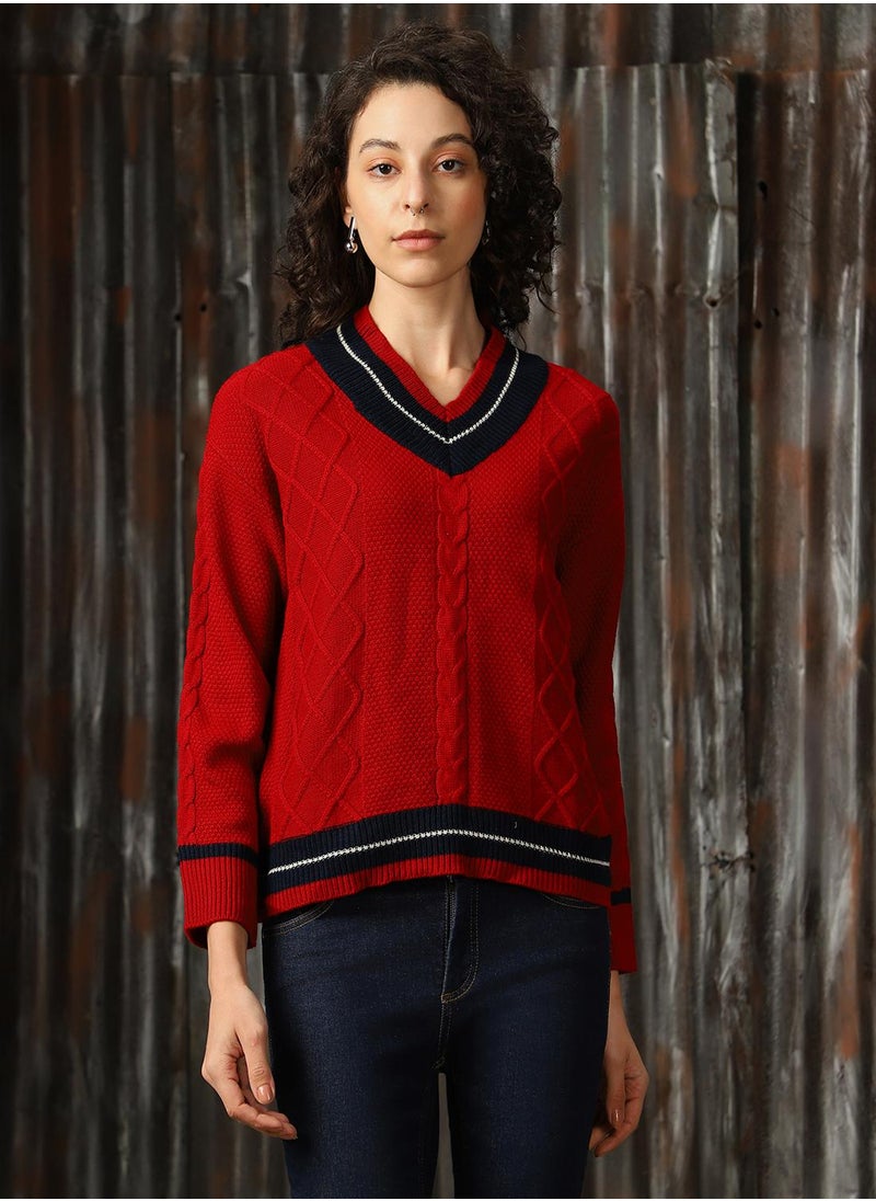 Women's Red With Navy And Marshmellow 100% Acrylic Solid Regular Fit Sweater