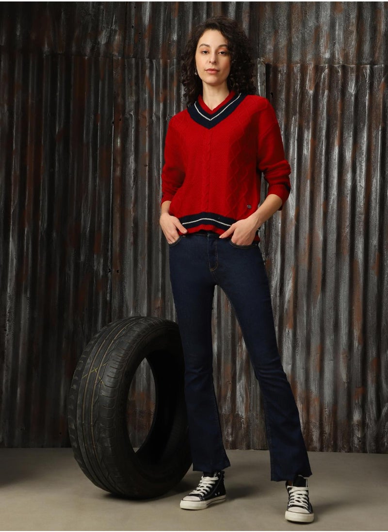 Women's Red With Navy And Marshmellow 100% Acrylic Solid Regular Fit Sweater