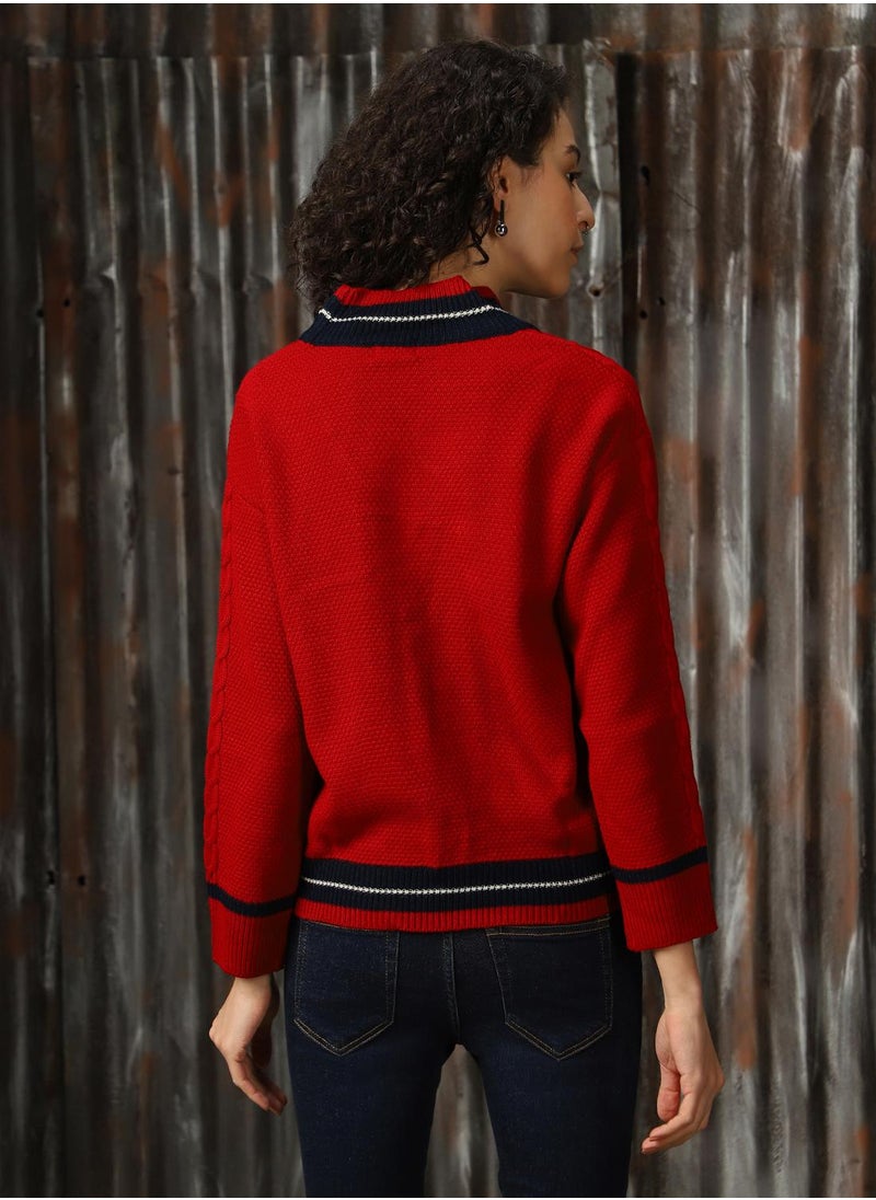 Women's Red With Navy And Marshmellow 100% Acrylic Solid Regular Fit Sweater