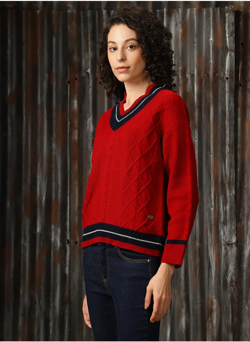 Women's Red With Navy And Marshmellow 100% Acrylic Solid Regular Fit Sweater