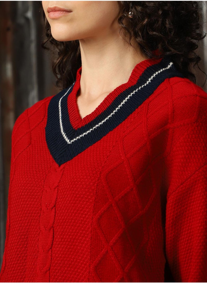 Women's Red With Navy And Marshmellow 100% Acrylic Solid Regular Fit Sweater