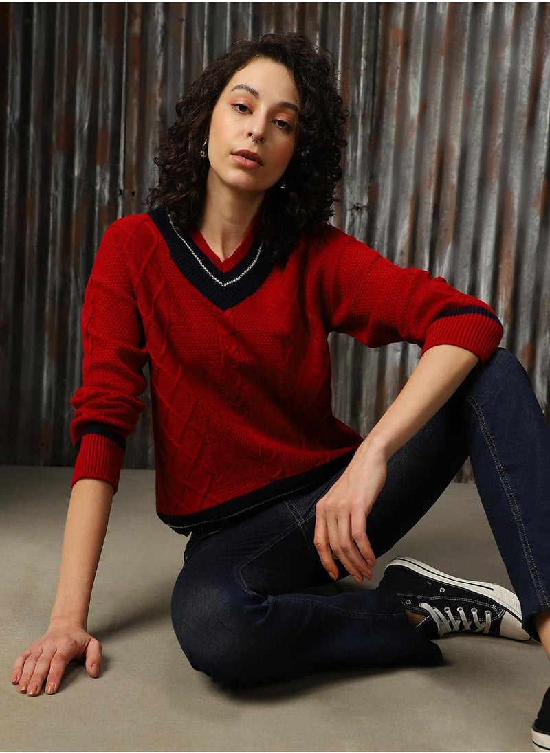 Women's Red With Navy And Marshmellow 100% Acrylic Solid Regular Fit Sweater