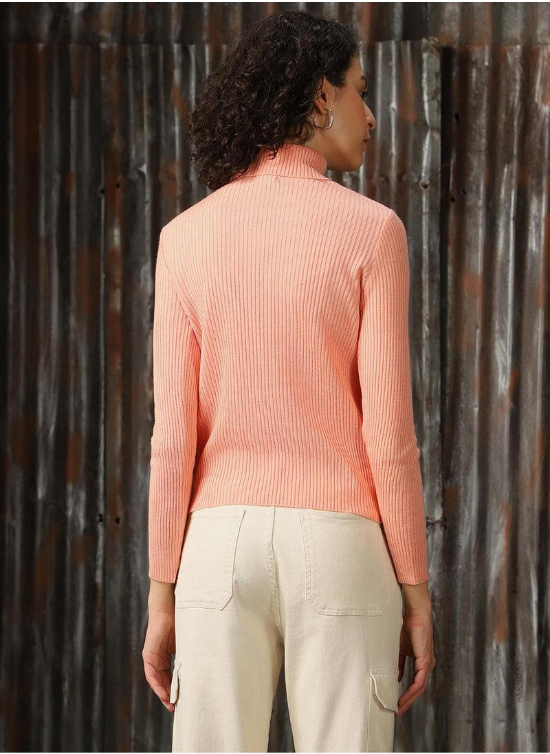 Women's Peach 100% Acrylic Solid Regular Fit Sweater