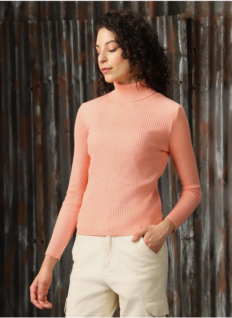 Women's Peach 100% Acrylic Solid Regular Fit Sweater
