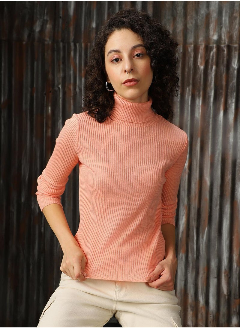 Women's Peach 100% Acrylic Solid Regular Fit Sweater