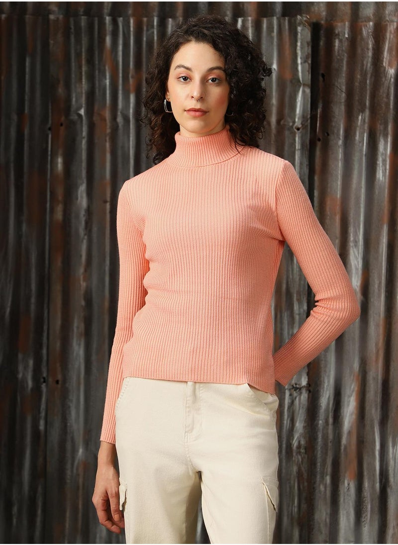 Women's Peach 100% Acrylic Solid Regular Fit Sweater