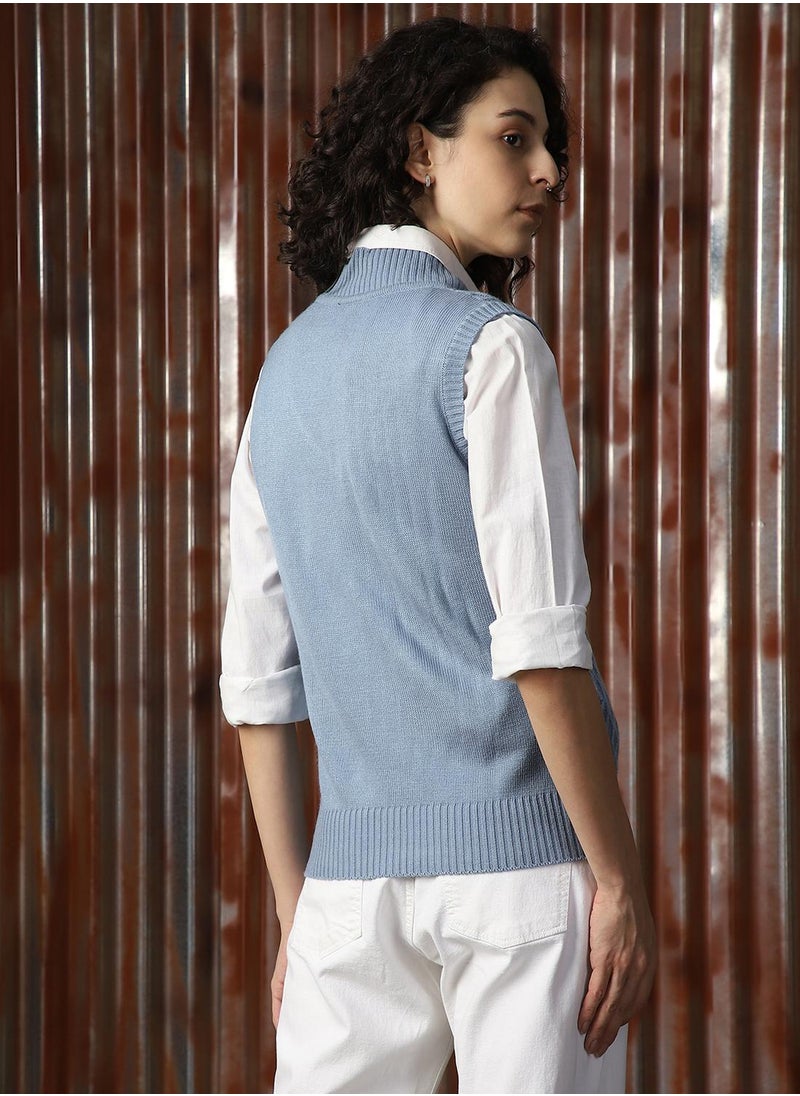 Women's Blue 100% Acrylic Solid Sweater