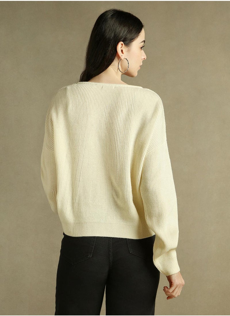 Women's Off White 100% Acrylic Solid Regular Fit Sweater