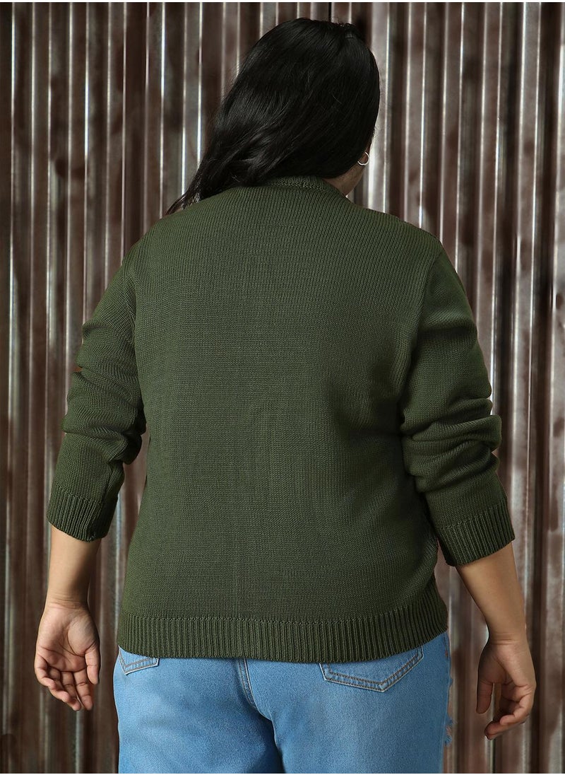 Women's Olive 100% Acrylic Solid Regular Fit Sweater