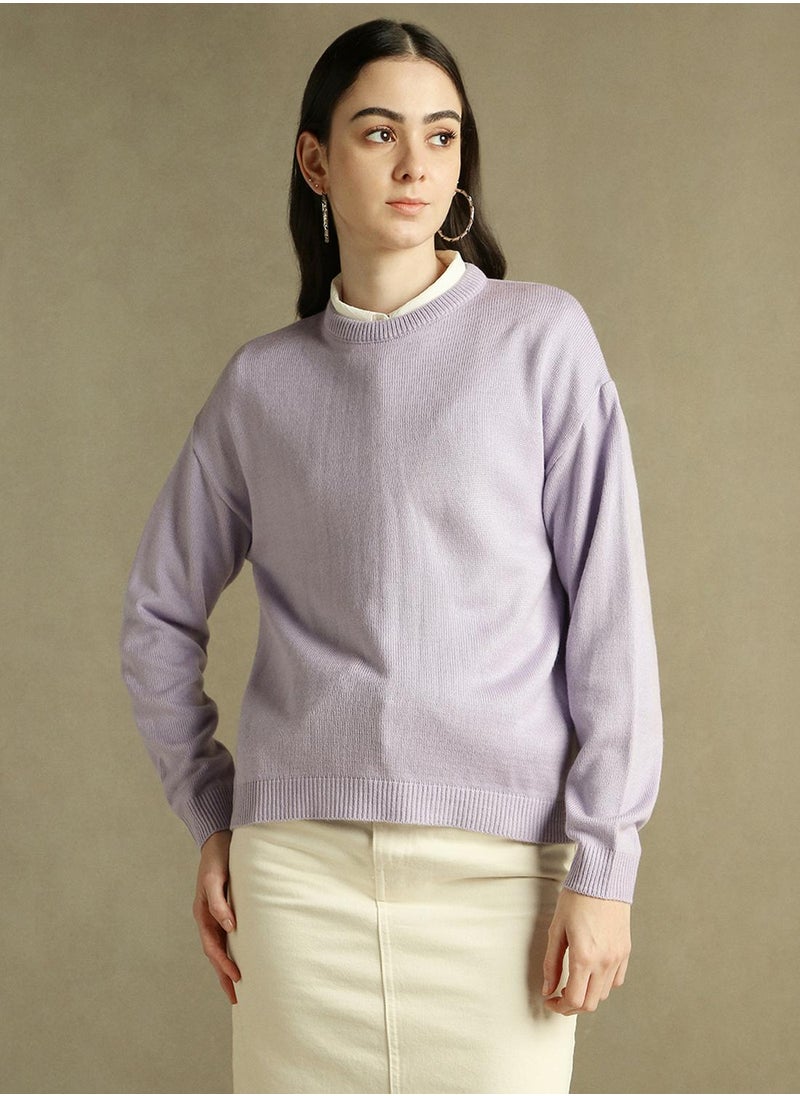 Women's Lavender 100% Acrylic Solid Regular Fit Sweater