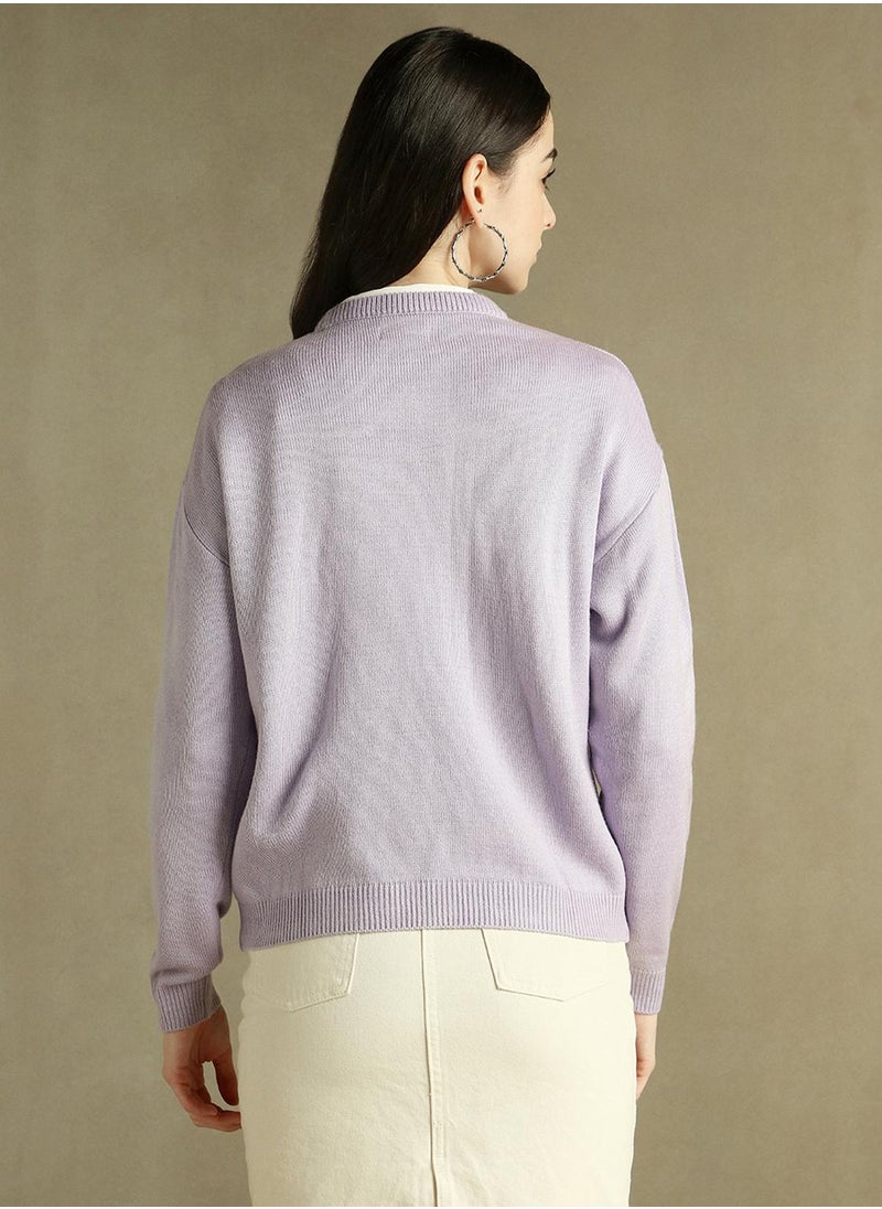 Women's Lavender 100% Acrylic Solid Regular Fit Sweater