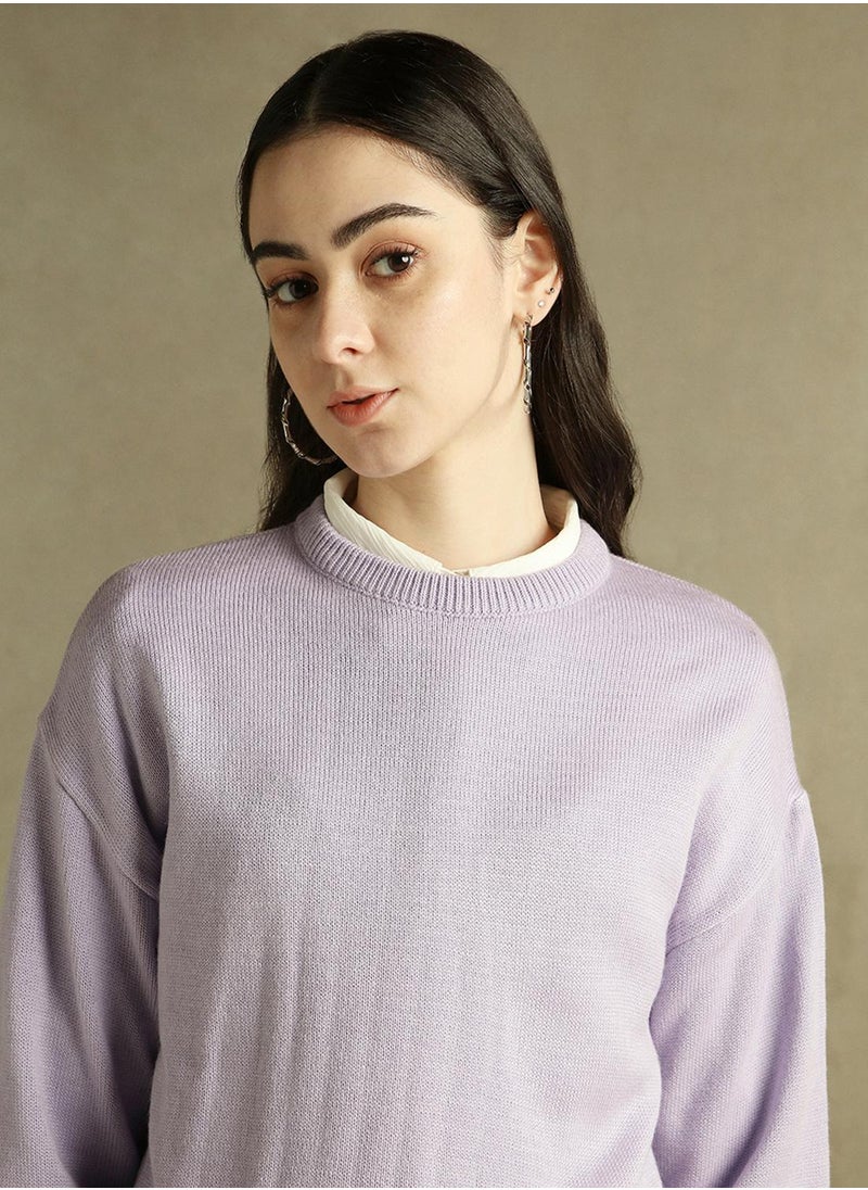 Women's Lavender 100% Acrylic Solid Regular Fit Sweater