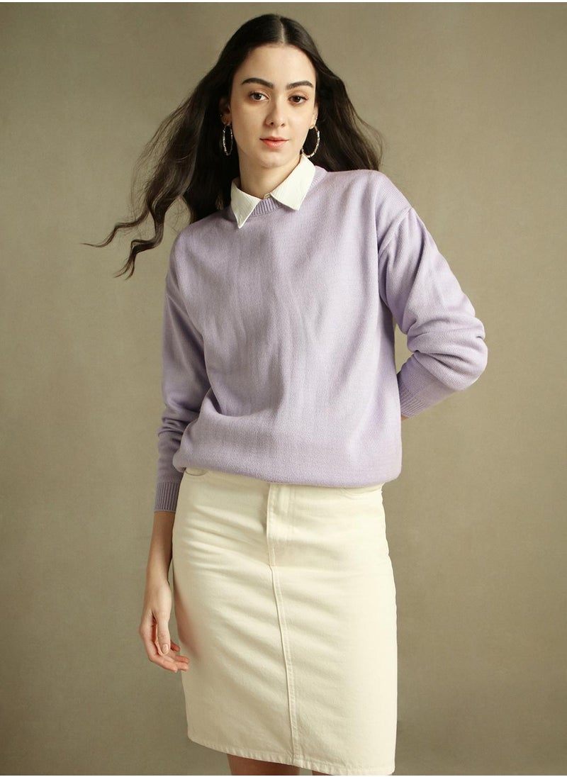 Women's Lavender 100% Acrylic Solid Regular Fit Sweater