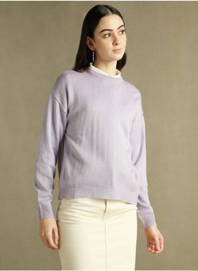 Women's Lavender 100% Acrylic Solid Regular Fit Sweater