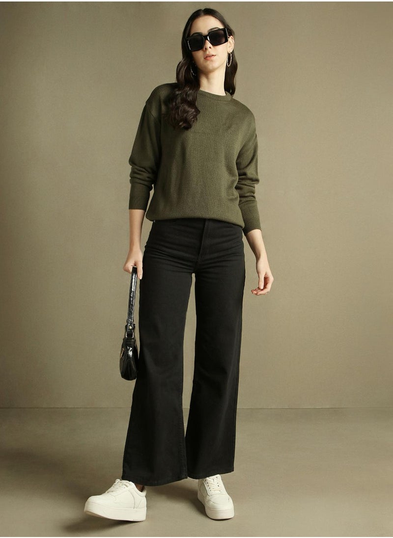 Women's Olive 100% Acrylic Solid Regular Fit Sweater
