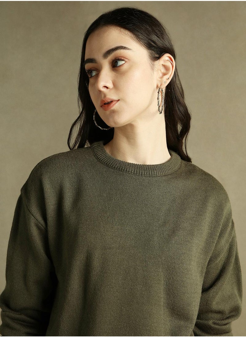 Women's Olive 100% Acrylic Solid Regular Fit Sweater