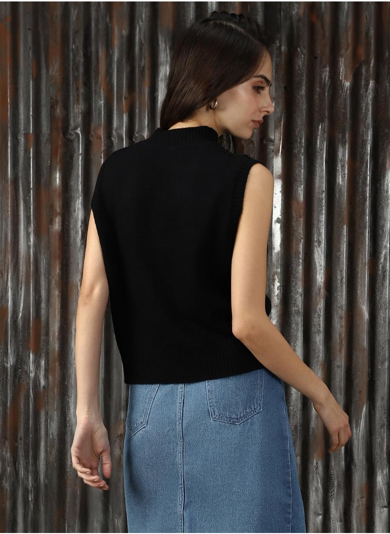Women's Black 100% Acrylic Solid Sweater