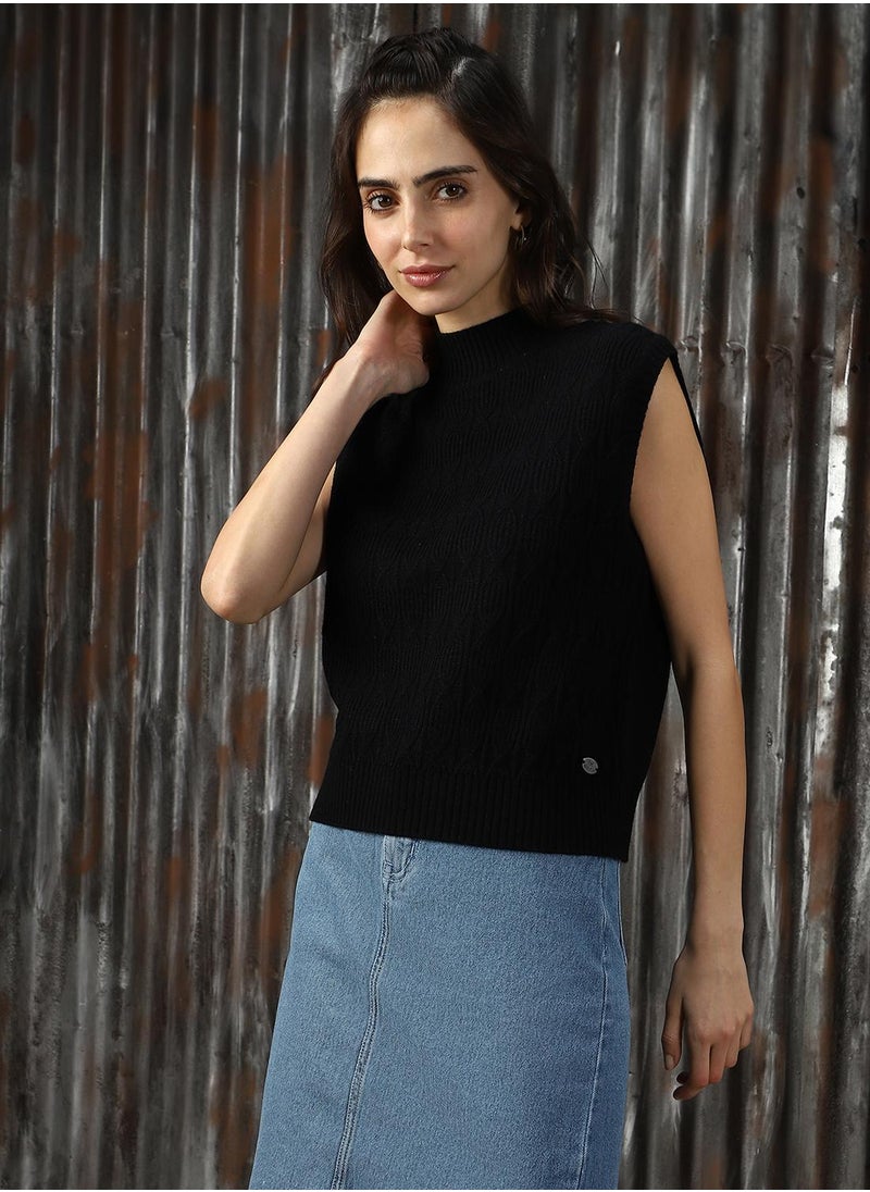 Women's Black 100% Acrylic Solid Sweater